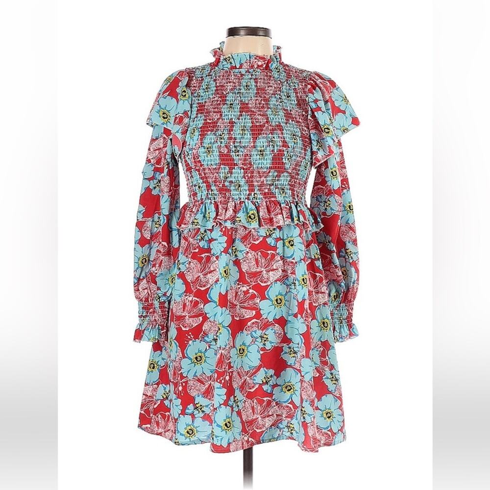 Sunday Up smocked ruffled long sleeve fit and flare dress, size L